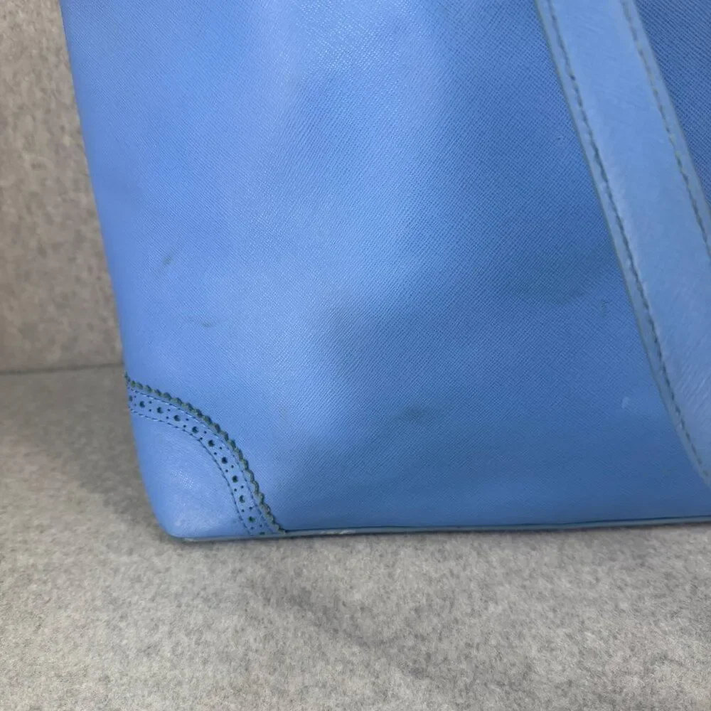 Tory Burch Blue Leather‎ Tote Bag Perforated Details Gold Logo  Shopper Tote